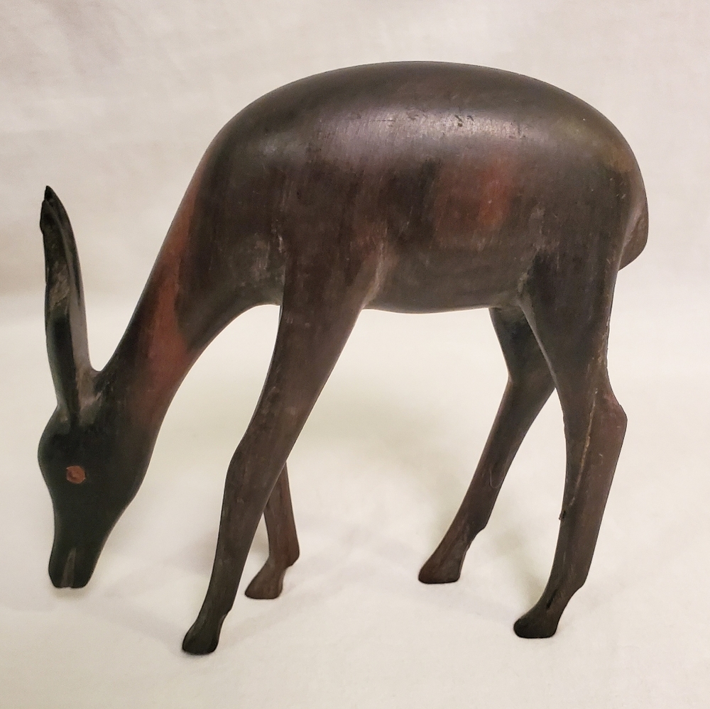 Vintage Graceful Hand Carved Rose Wood Gazelle Figure Statue